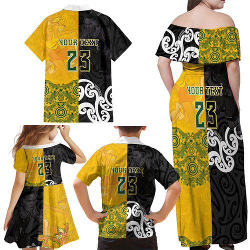 Aotearoa New Zealand And Australia Basketball Custom Family Matching Off Shoulder Maxi Dress and Hawaiian Shirt Maori Tribal Tattoo And Aboriginal Dot Art Heritage