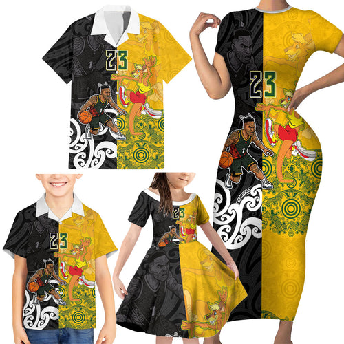 Aotearoa New Zealand And Australia Basketball Custom Family Matching Short Sleeve Bodycon Dress and Hawaiian Shirt Maori Tribal Tattoo And Aboriginal Dot Art Heritage