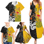 Aotearoa New Zealand And Australia Basketball Custom Family Matching Summer Maxi Dress and Hawaiian Shirt Maori Tribal Tattoo And Aboriginal Dot Art Heritage