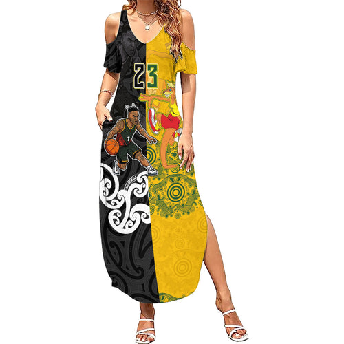 Aotearoa New Zealand And Australia Basketball Custom Family Matching Summer Maxi Dress and Hawaiian Shirt Maori Tribal Tattoo And Aboriginal Dot Art Heritage