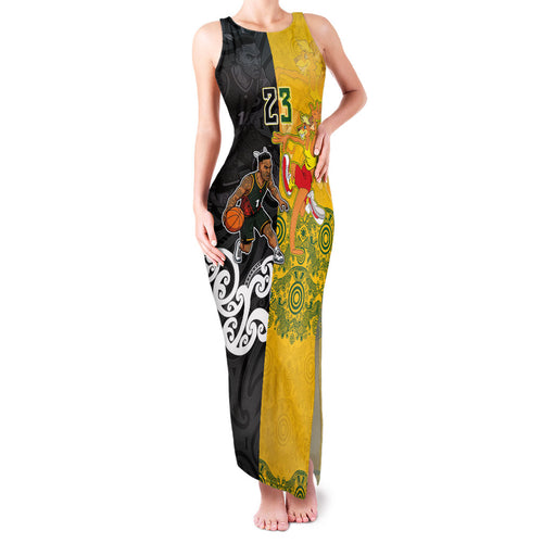 Aotearoa New Zealand And Australia Basketball Custom Family Matching Tank Maxi Dress and Hawaiian Shirt Maori Tribal Tattoo And Aboriginal Dot Art Heritage