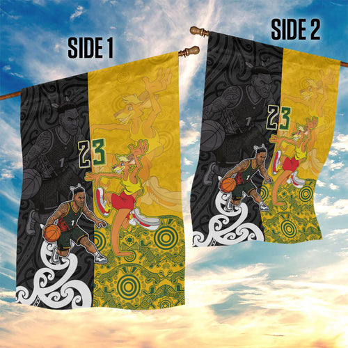 Aotearoa New Zealand And Australia Basketball Custom Garden Flag Maori Tribal Tattoo And Aboriginal Dot Art Heritage