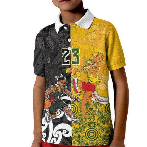 Aotearoa New Zealand And Australia Basketball Custom Kid Polo Shirt Maori Tribal Tattoo And Aboriginal Dot Art Heritage