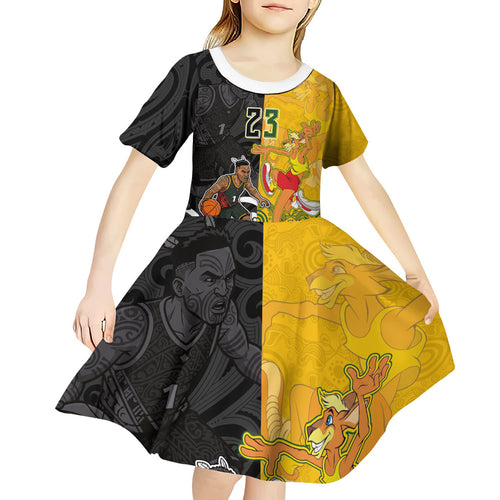 Aotearoa New Zealand And Australia Basketball Custom Kid Short Sleeve Dress Maori Tribal Tattoo And Aboriginal Dot Art Heritage