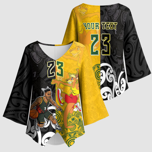 Aotearoa New Zealand And Australia Basketball Custom Kimono Sleeve Blouse Maori Tribal Tattoo And Aboriginal Dot Art Heritage