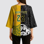 Aotearoa New Zealand And Australia Basketball Custom Kimono Sleeve Blouse Maori Tribal Tattoo And Aboriginal Dot Art Heritage