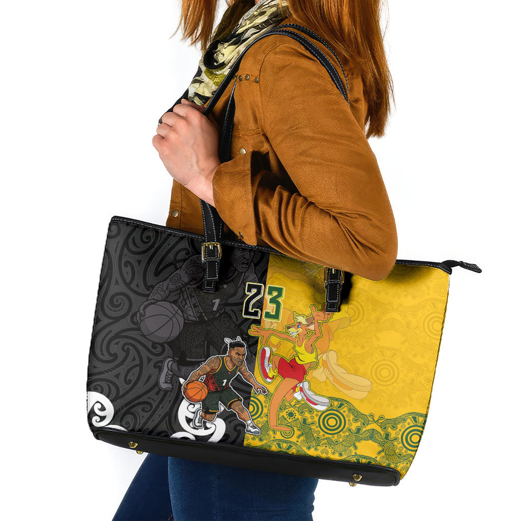Aotearoa New Zealand And Australia Basketball Custom Leather Tote Bag Maori Tribal Tattoo And Aboriginal Dot Art Heritage