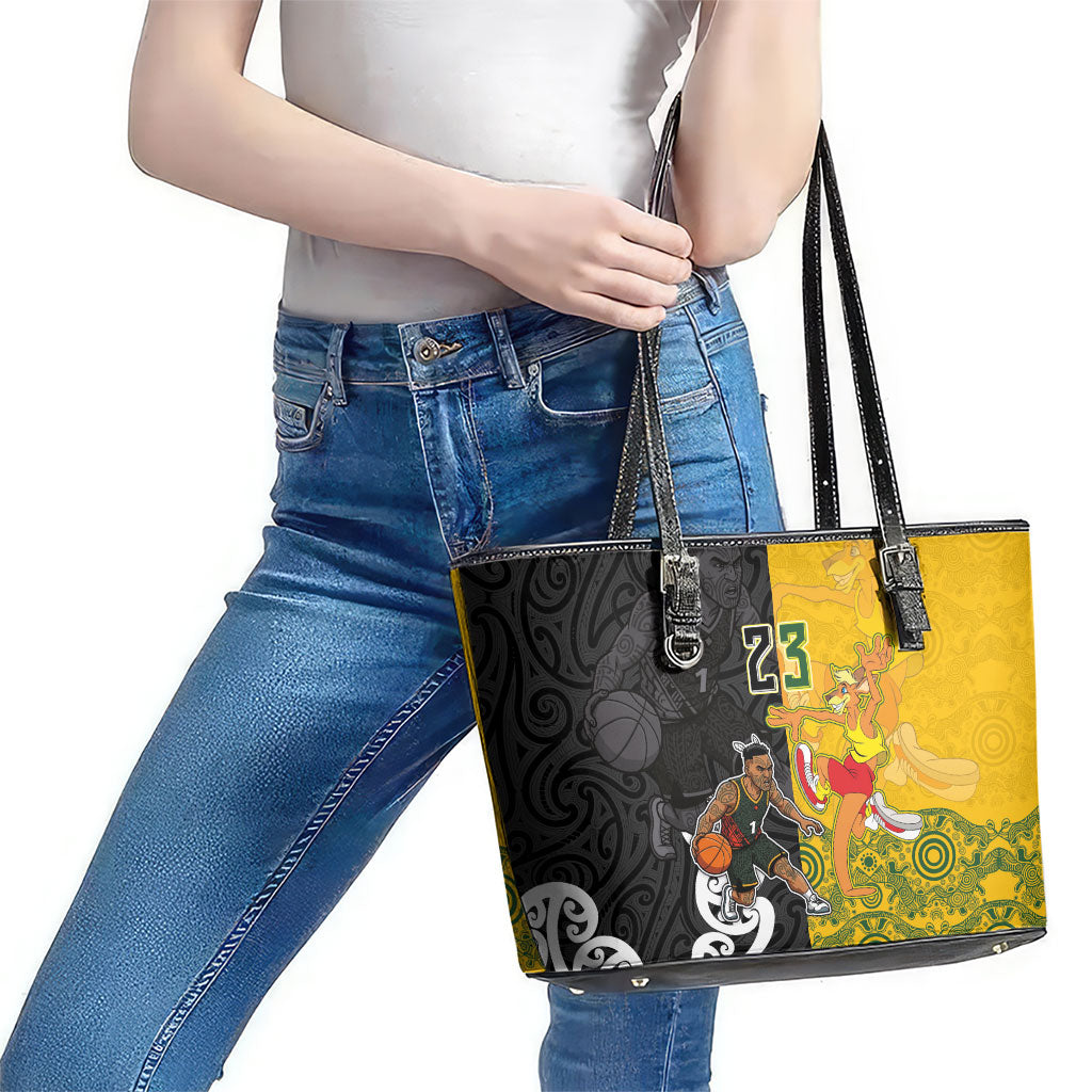 Aotearoa New Zealand And Australia Basketball Custom Leather Tote Bag Maori Tribal Tattoo And Aboriginal Dot Art Heritage