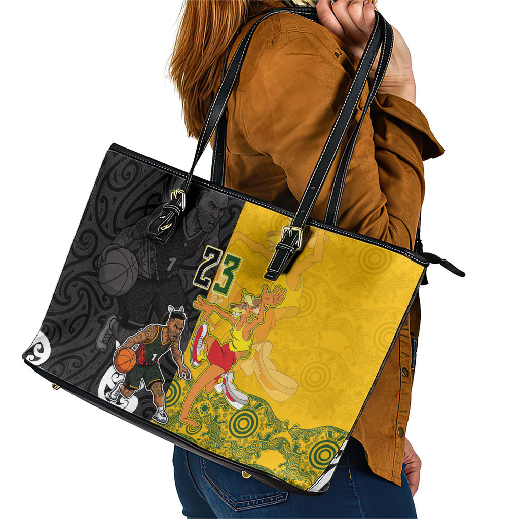 Aotearoa New Zealand And Australia Basketball Custom Leather Tote Bag Maori Tribal Tattoo And Aboriginal Dot Art Heritage
