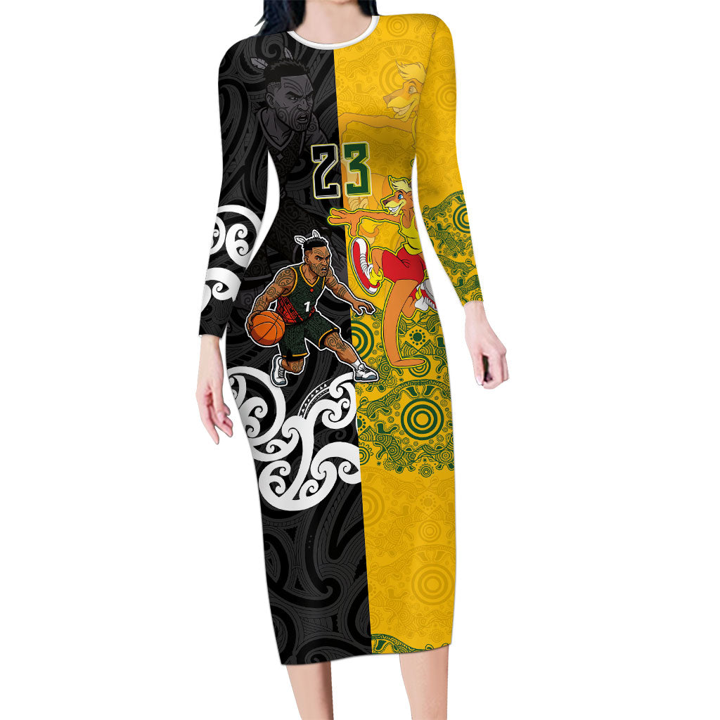 Aotearoa New Zealand And Australia Basketball Custom Long Sleeve Bodycon Dress Maori Tribal Tattoo And Aboriginal Dot Art Heritage
