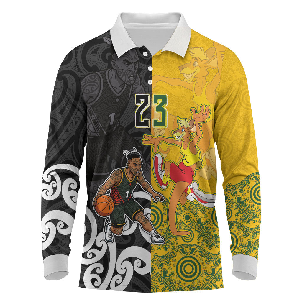 Aotearoa New Zealand And Australia Basketball Custom Long Sleeve Polo Shirt Maori Tribal Tattoo And Aboriginal Dot Art Heritage