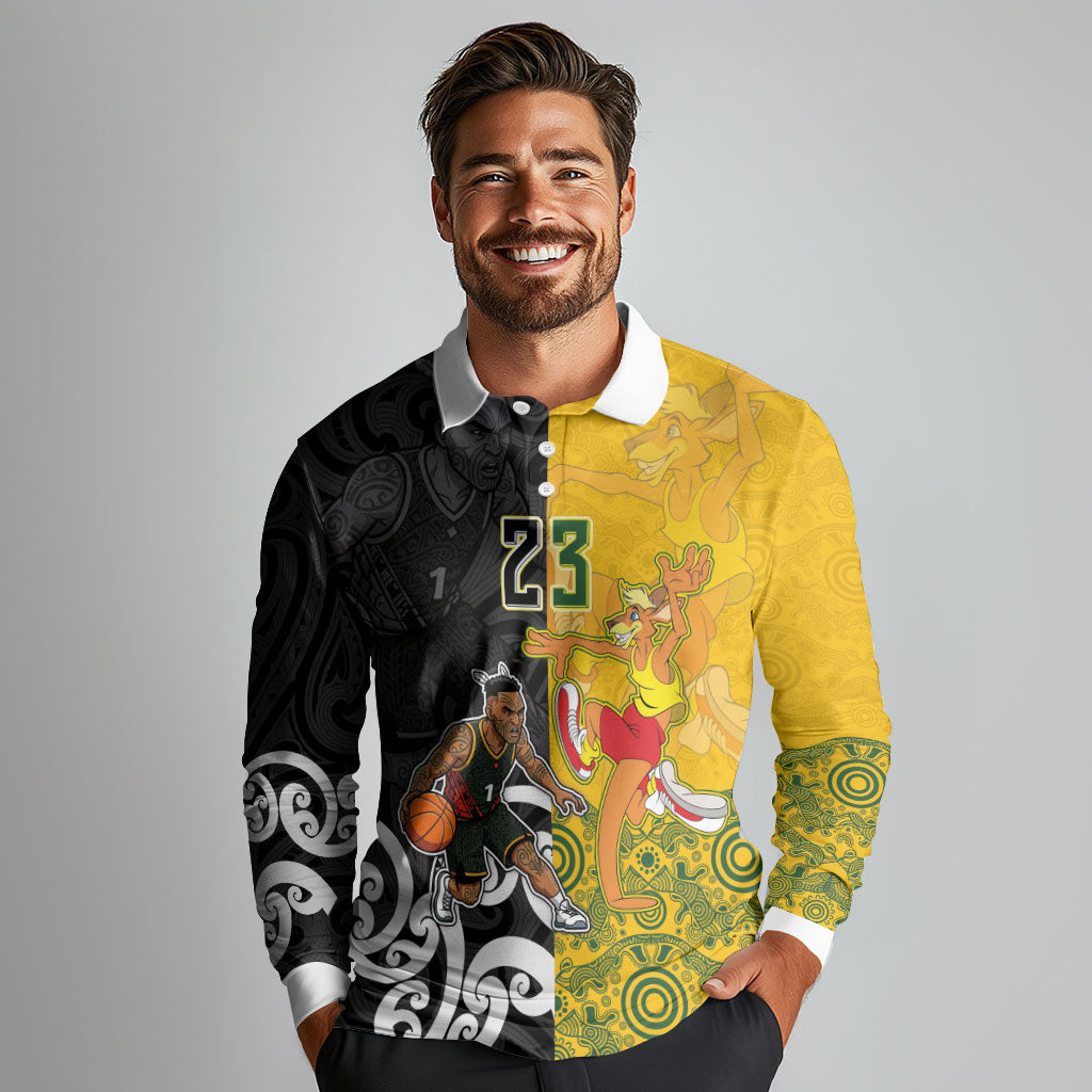 Aotearoa New Zealand And Australia Basketball Custom Long Sleeve Polo Shirt Maori Tribal Tattoo And Aboriginal Dot Art Heritage