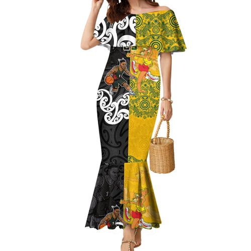 Aotearoa New Zealand And Australia Basketball Custom Mermaid Dress Maori Tribal Tattoo And Aboriginal Dot Art Heritage
