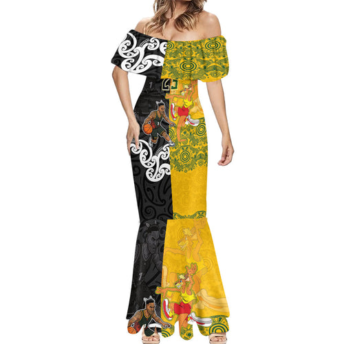 Aotearoa New Zealand And Australia Basketball Custom Mermaid Dress Maori Tribal Tattoo And Aboriginal Dot Art Heritage