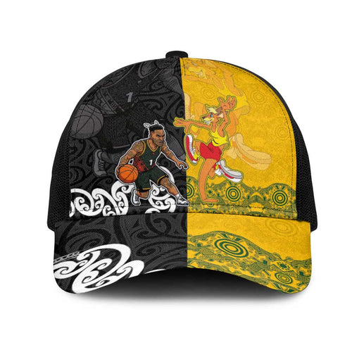 Aotearoa New Zealand And Australia Basketball Mesh Trucker Cap Maori Tribal Tattoo And Aboriginal Dot Art Heritage