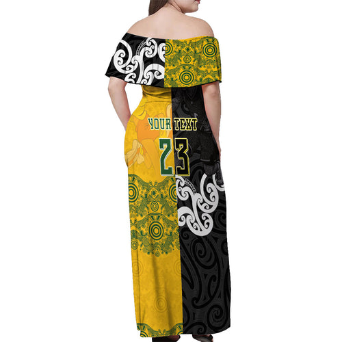 Aotearoa New Zealand And Australia Basketball Custom Off Shoulder Maxi Dress Maori Tribal Tattoo And Aboriginal Dot Art Heritage