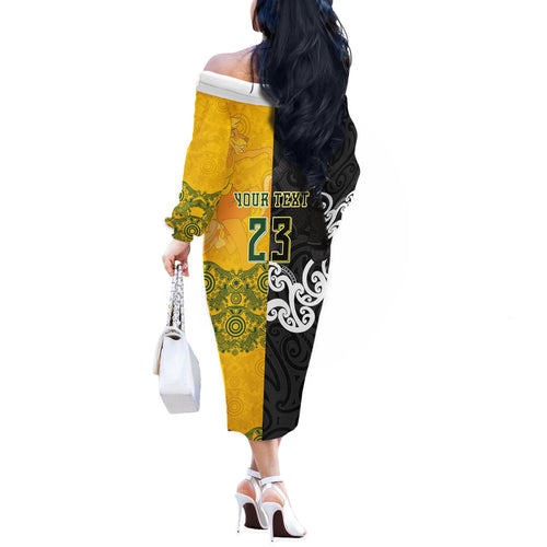 Aotearoa New Zealand And Australia Basketball Custom Off The Shoulder Long Sleeve Dress Maori Tribal Tattoo And Aboriginal Dot Art Heritage
