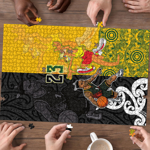 Aotearoa New Zealand And Australia Basketball Custom Puzzle Maori Tribal Tattoo And Aboriginal Dot Art Heritage