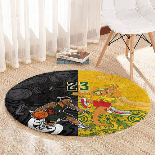 Aotearoa New Zealand And Australia Basketball Custom Round Carpet Maori Tribal Tattoo And Aboriginal Dot Art Heritage