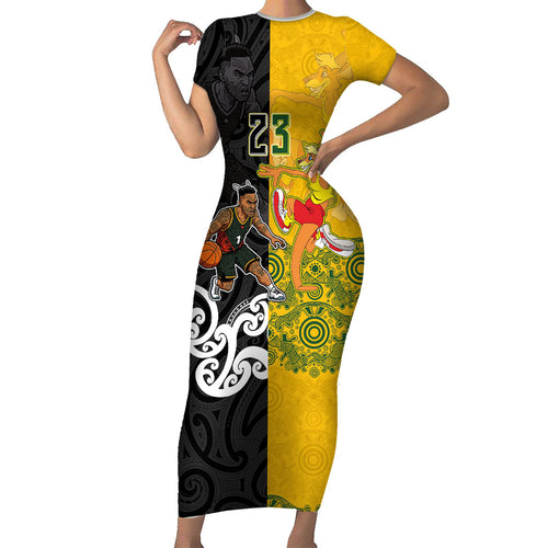 Aotearoa New Zealand And Australia Basketball Custom Short Sleeve Bodycon Dress Maori Tribal Tattoo And Aboriginal Dot Art Heritage