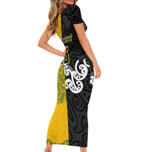 Aotearoa New Zealand And Australia Basketball Custom Short Sleeve Bodycon Dress Maori Tribal Tattoo And Aboriginal Dot Art Heritage