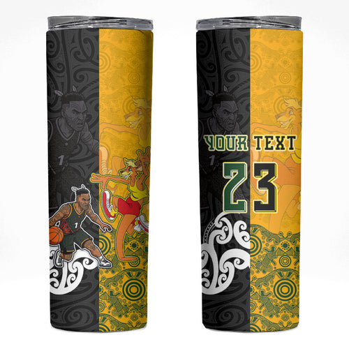 Aotearoa New Zealand And Australia Basketball Custom Skinny Tumbler Maori Tribal Tattoo And Aboriginal Dot Art Heritage