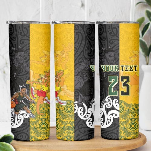 Aotearoa New Zealand And Australia Basketball Custom Skinny Tumbler Maori Tribal Tattoo And Aboriginal Dot Art Heritage