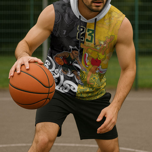 Aotearoa New Zealand And Australia Basketball Custom Sleeveless Hoodie Maori Tribal Tattoo And Aboriginal Dot Art Heritage