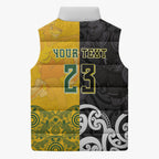 Aotearoa New Zealand And Australia Basketball Custom Sleeveless Puffer Jacket Maori Tribal Tattoo And Aboriginal Dot Art Heritage