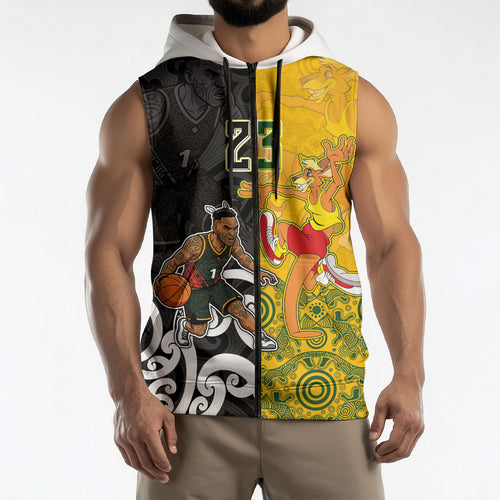 Aotearoa New Zealand And Australia Basketball Custom Sleeveless Zip Hoodie Maori Tribal Tattoo And Aboriginal Dot Art Heritage