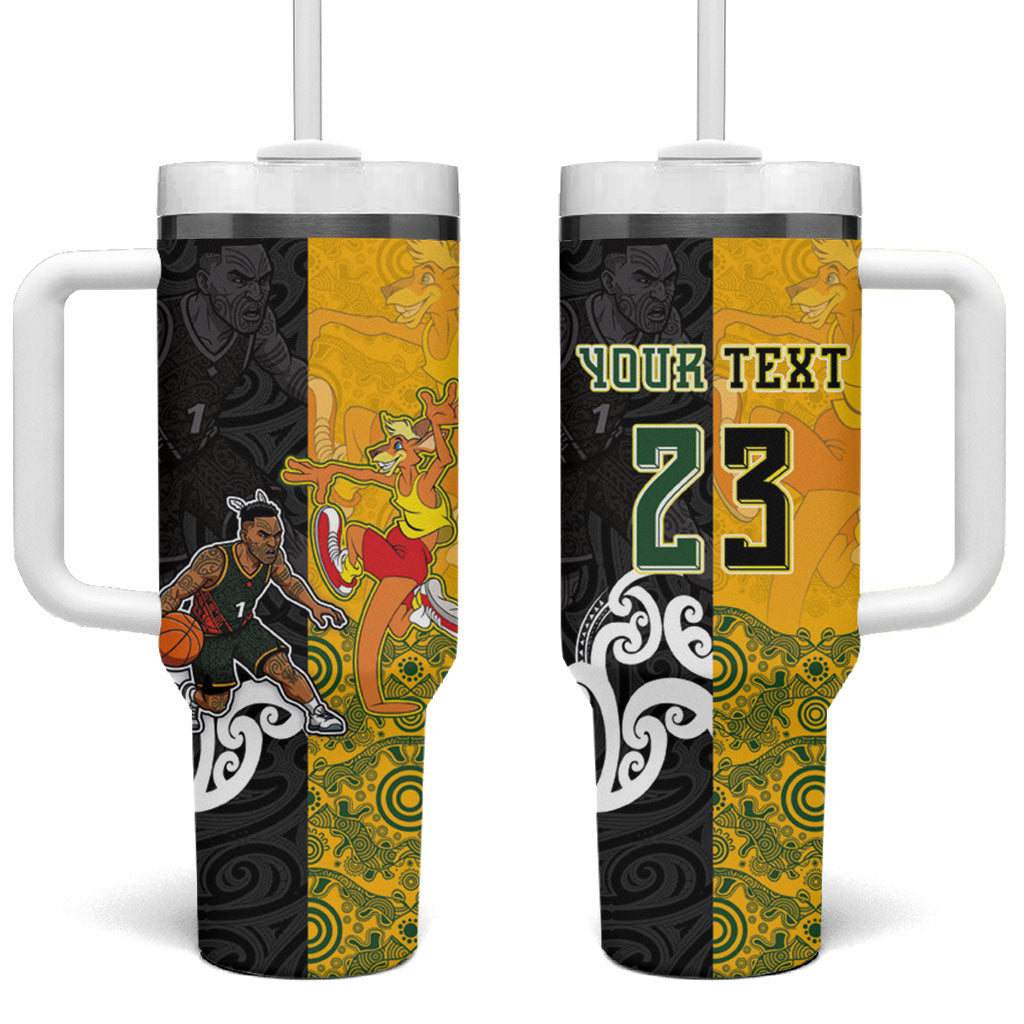 Aotearoa New Zealand And Australia Basketball Custom Tumbler With Handle Maori Tribal Tattoo And Aboriginal Dot Art Heritage