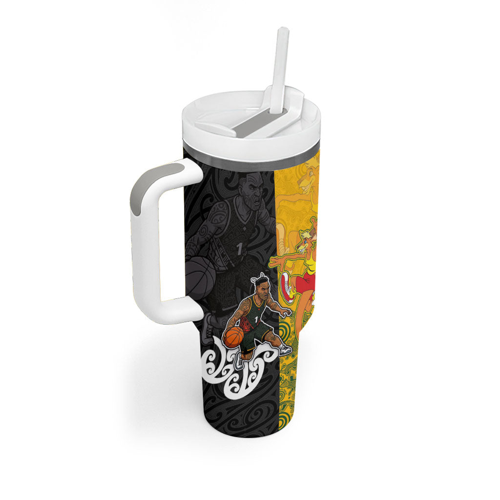 Aotearoa New Zealand And Australia Basketball Custom Tumbler With Handle Maori Tribal Tattoo And Aboriginal Dot Art Heritage