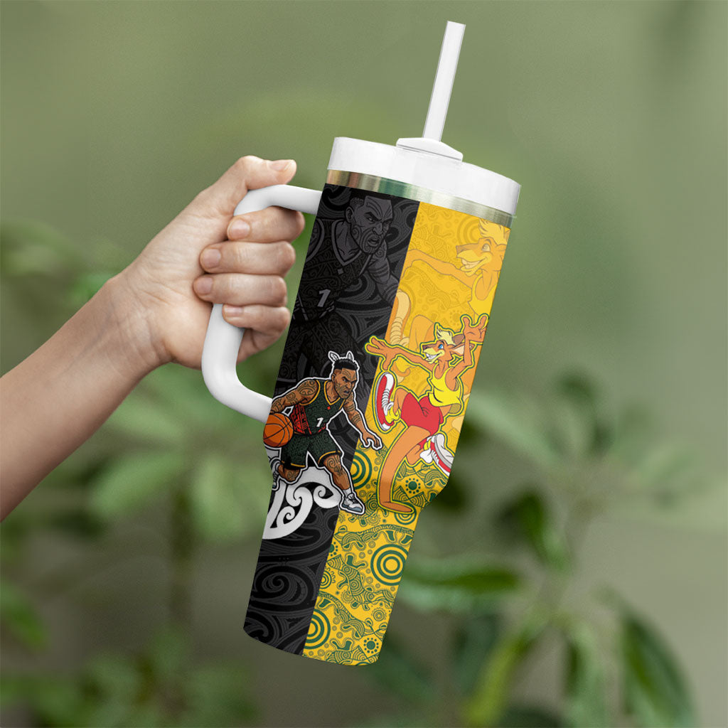 Aotearoa New Zealand And Australia Basketball Custom Tumbler With Handle Maori Tribal Tattoo And Aboriginal Dot Art Heritage