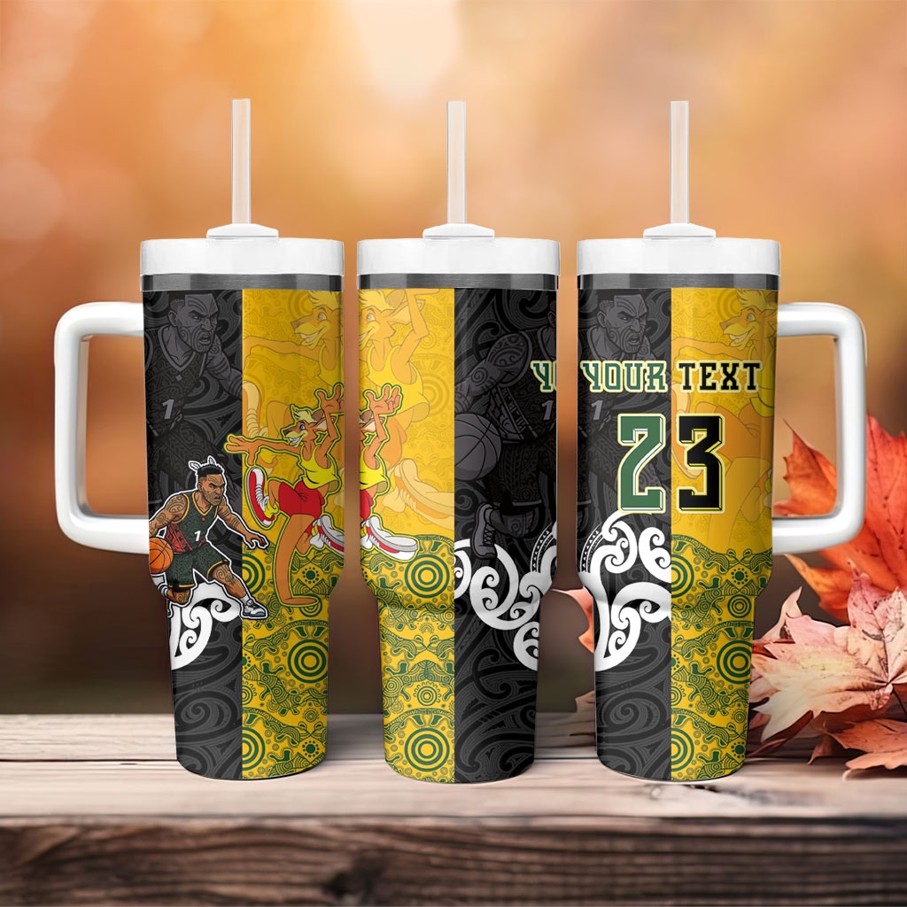 Aotearoa New Zealand And Australia Basketball Custom Tumbler With Handle Maori Tribal Tattoo And Aboriginal Dot Art Heritage