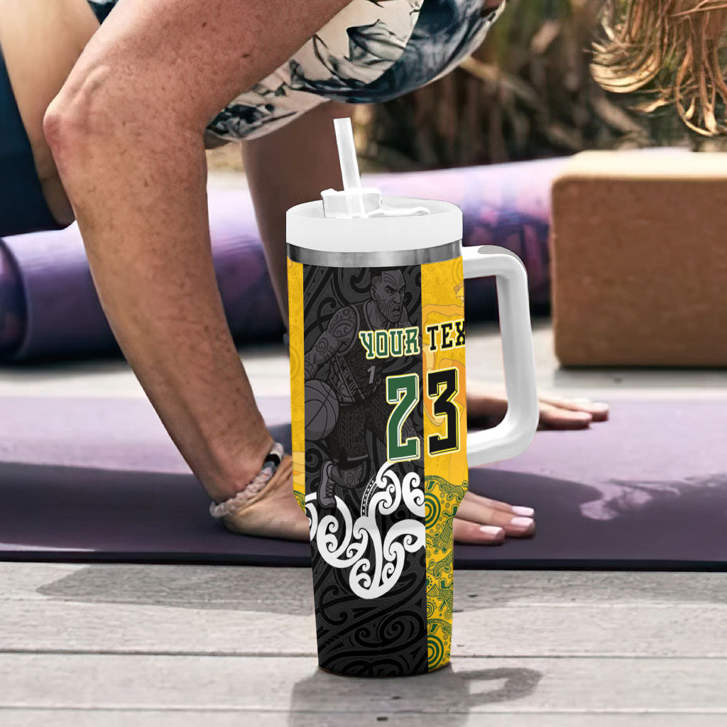 Aotearoa New Zealand And Australia Basketball Custom Tumbler With Handle Maori Tribal Tattoo And Aboriginal Dot Art Heritage