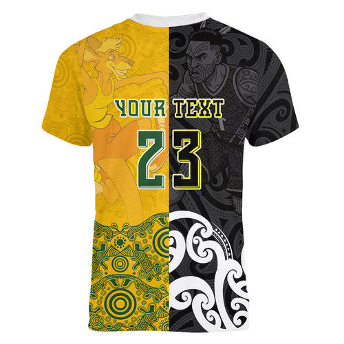 Aotearoa New Zealand And Australia Basketball Custom Women V-Neck T-Shirt Maori Tribal Tattoo And Aboriginal Dot Art Heritage