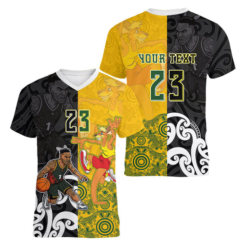 Aotearoa New Zealand And Australia Basketball Custom Women V-Neck T-Shirt Maori Tribal Tattoo And Aboriginal Dot Art Heritage