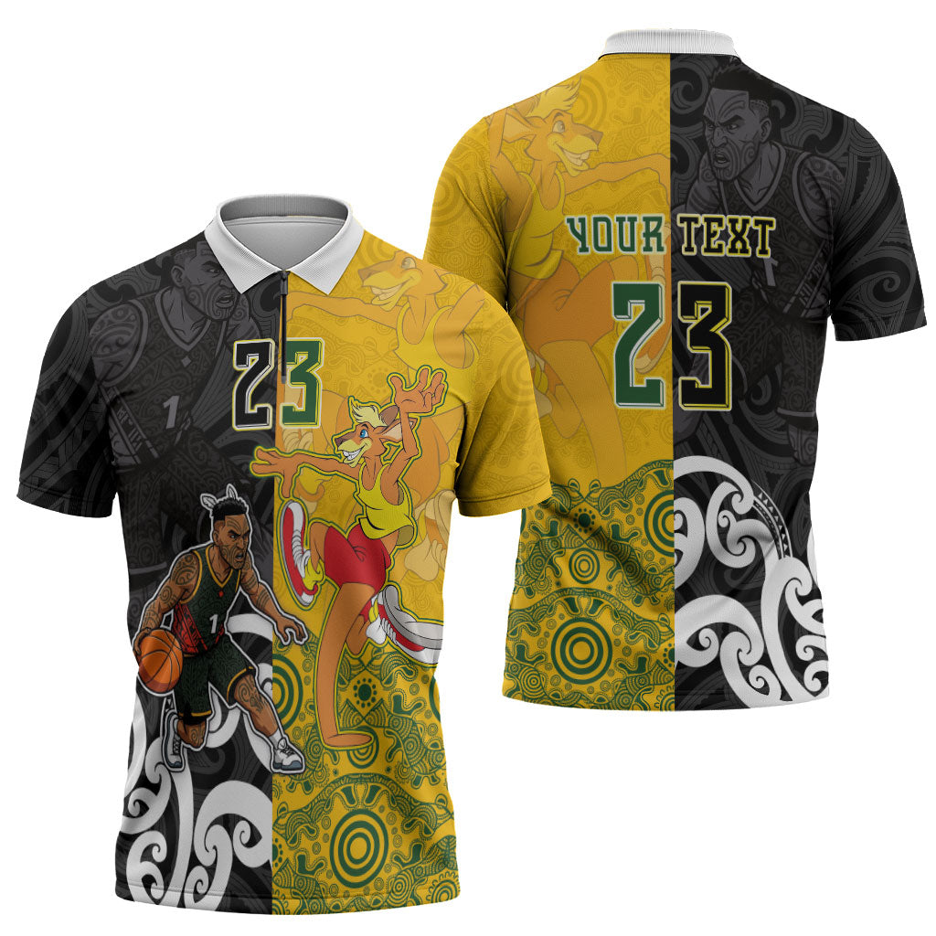 Aotearoa New Zealand And Australia Basketball Custom Zipper Polo Shirt Maori Tribal Tattoo And Aboriginal Dot Art Heritage