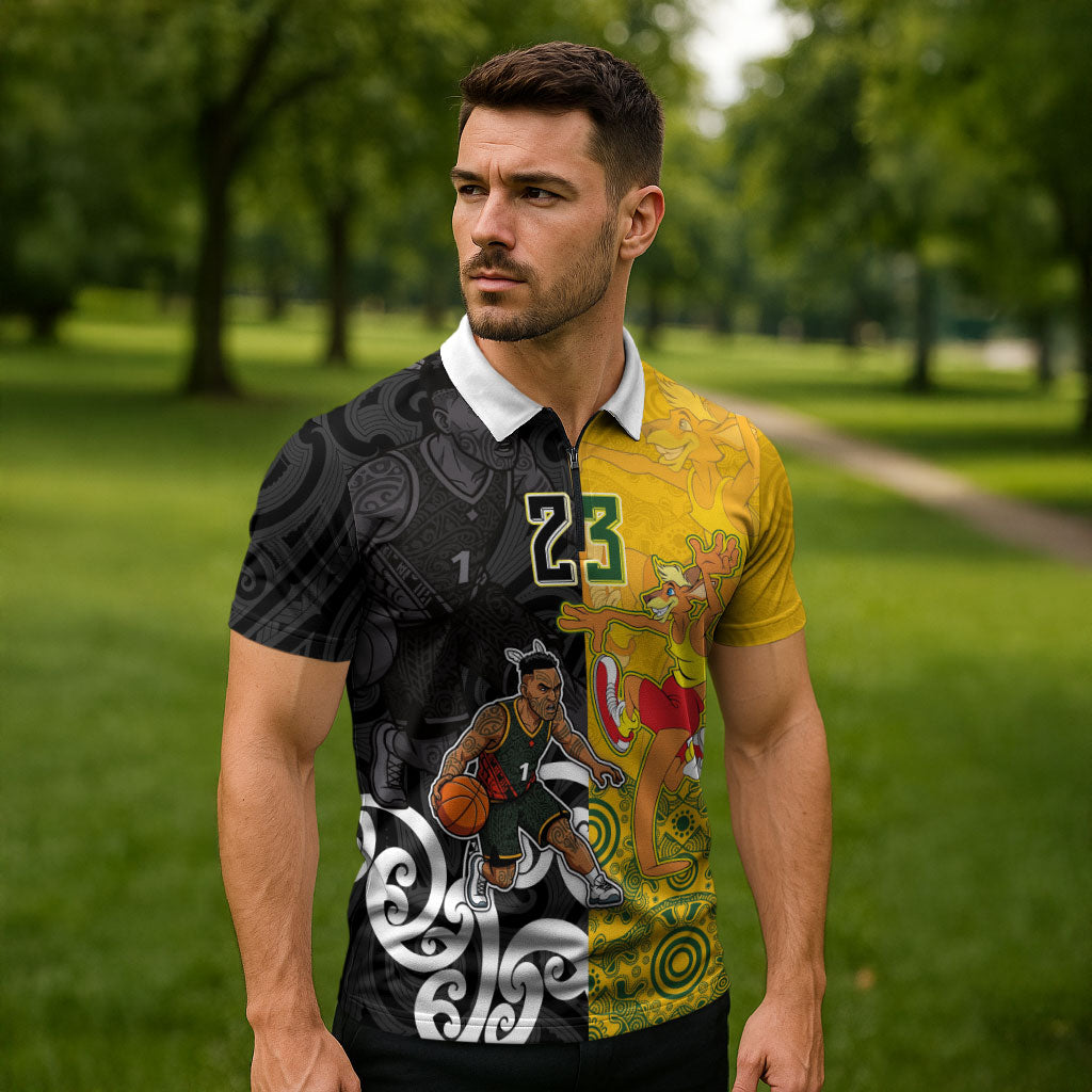 Aotearoa New Zealand And Australia Basketball Custom Zipper Polo Shirt Maori Tribal Tattoo And Aboriginal Dot Art Heritage