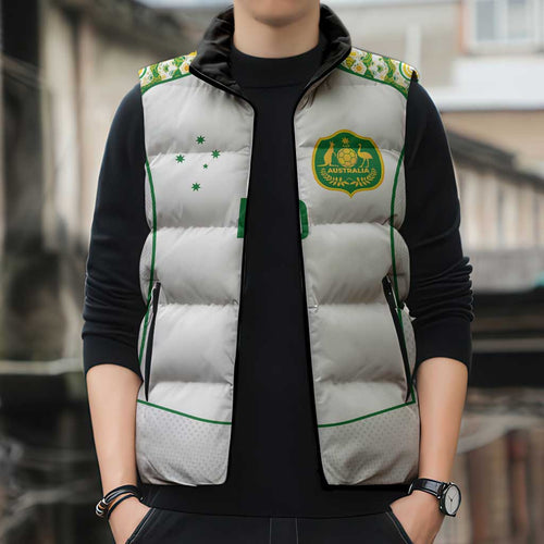 Custom Australia Football Sleeveless Puffer Jacket Aboriginal Pattern Sporty Style-White Color - Aussie Hoodie