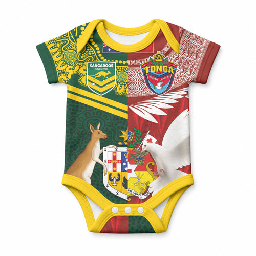 Custom Mate Ma'a Tonga and Australia Kangaroo Baby Onesie Nation Seal with Mascot Aboriginal and Tongan Kupesi Ngatu Art