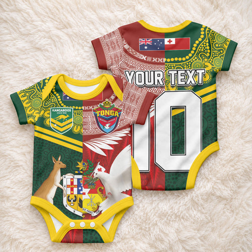 Custom Mate Ma'a Tonga and Australia Kangaroo Baby Onesie Nation Seal with Mascot Aboriginal and Tongan Kupesi Ngatu Art