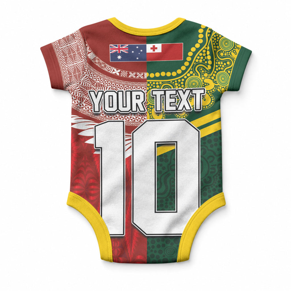 Custom Mate Ma'a Tonga and Australia Kangaroo Baby Onesie Nation Seal with Mascot Aboriginal and Tongan Kupesi Ngatu Art