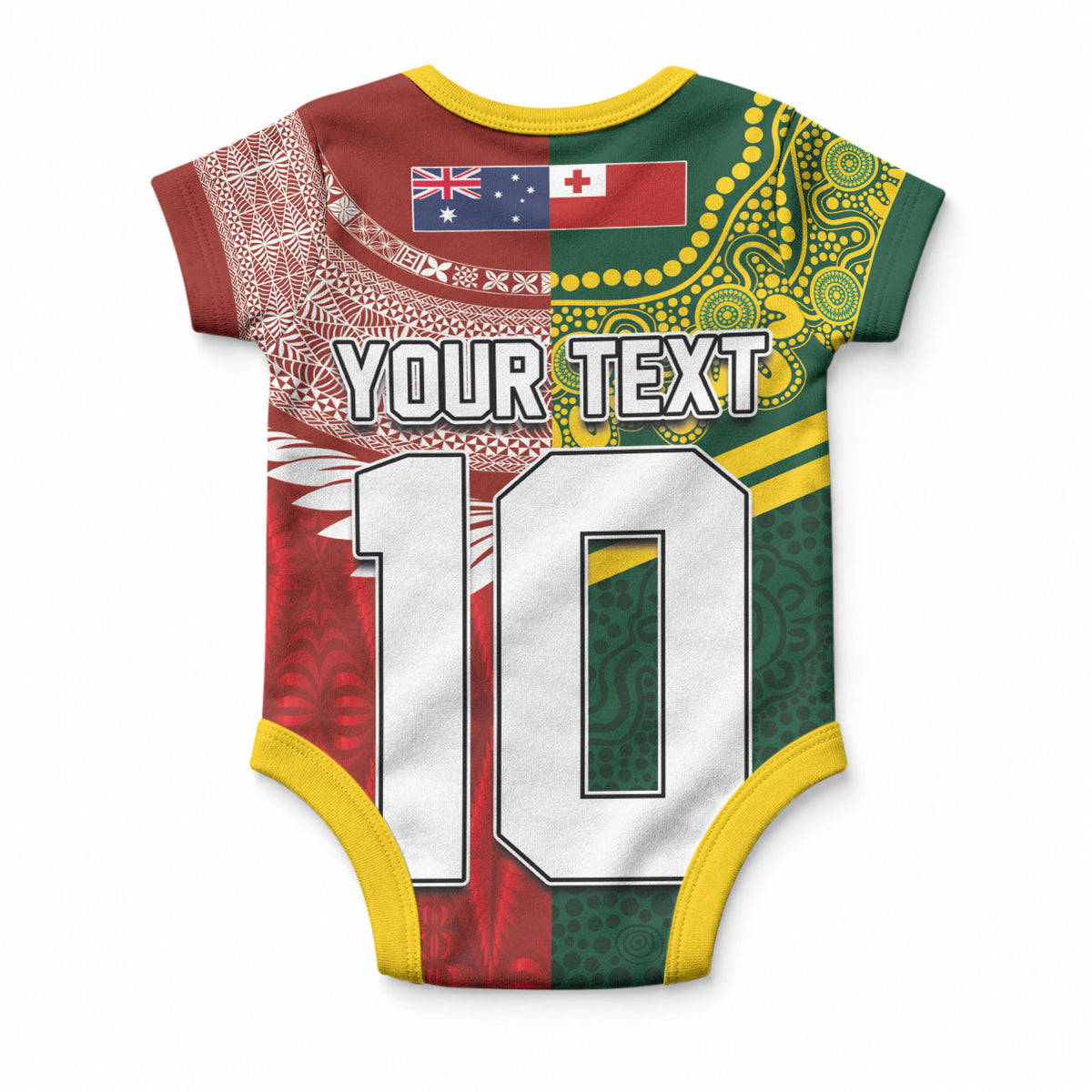 Custom Mate Ma'a Tonga and Australia Kangaroo Baby Onesie Nation Seal with Mascot Aboriginal and Tongan Kupesi Ngatu Art