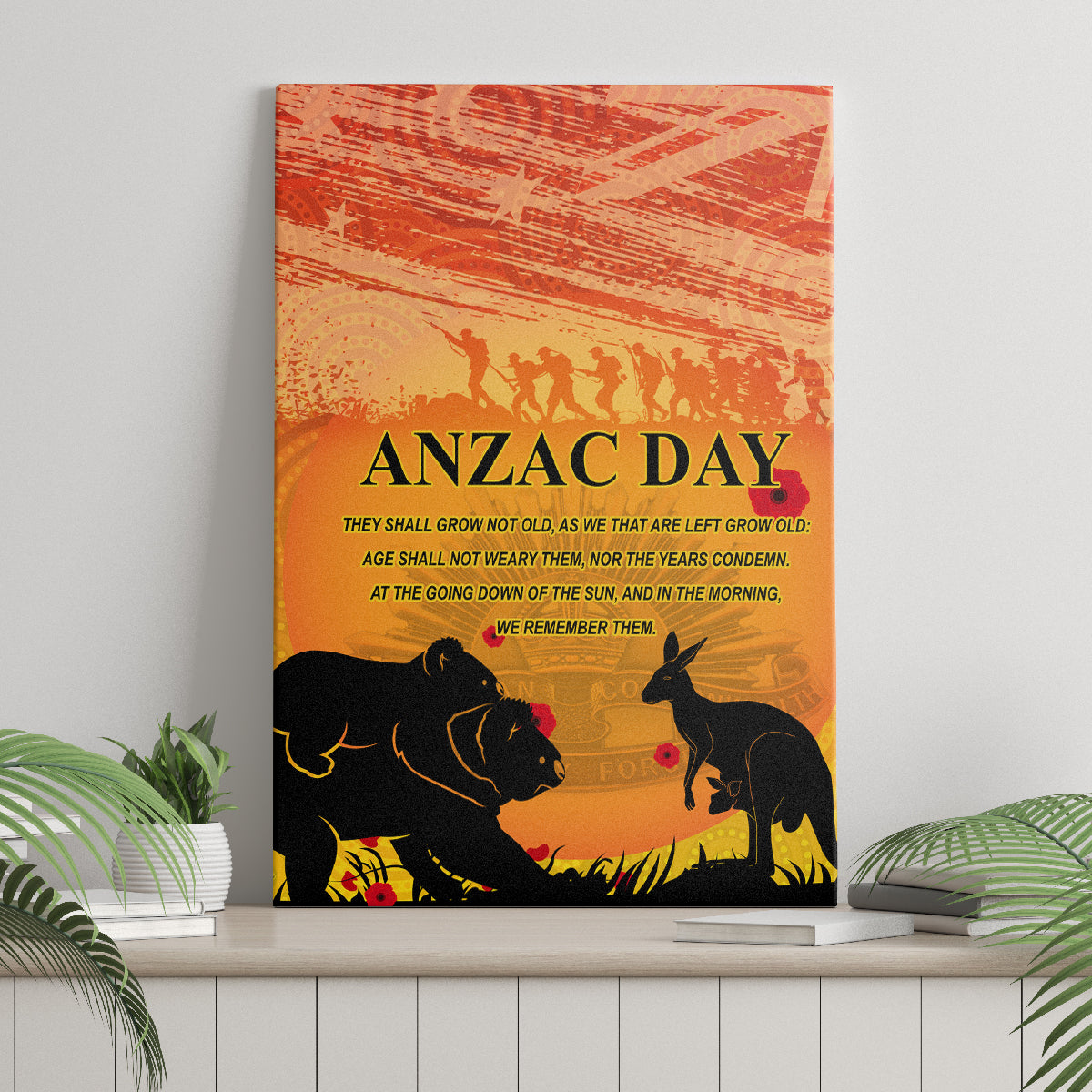 Australia ANZAC Day Canvas Wall Art Koala and Kangaroo Respect Aboriginal Pattern