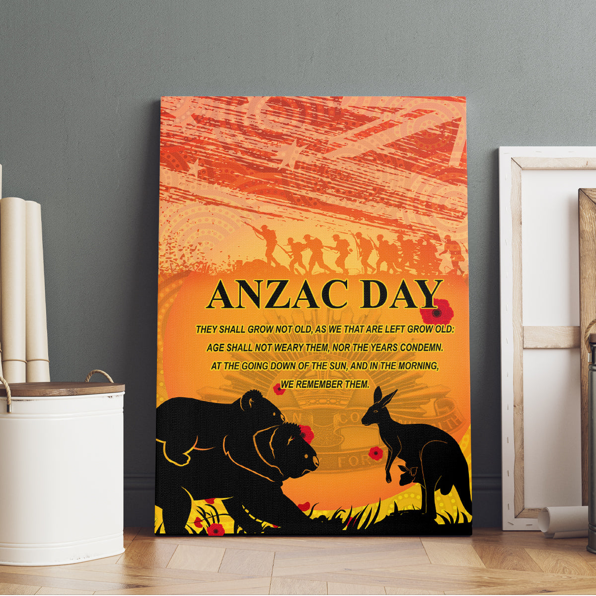 Australia ANZAC Day Canvas Wall Art Koala and Kangaroo Respect Aboriginal Pattern