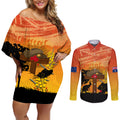 Australia ANZAC Day Couples Matching Off Shoulder Short Dress and Long Sleeve Button Shirt Koala and Kangaroo Respect Aboriginal Pattern