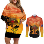 Australia ANZAC Day Couples Matching Off Shoulder Short Dress and Long Sleeve Button Shirt Koala and Kangaroo Respect Aboriginal Pattern
