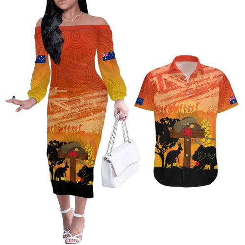 Australia ANZAC Day Couples Matching Off The Shoulder Long Sleeve Dress and Hawaiian Shirt Koala and Kangaroo Respect Aboriginal Pattern