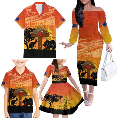 Australia ANZAC Day Family Matching Off The Shoulder Long Sleeve Dress and Hawaiian Shirt Koala and Kangaroo Respect Aboriginal Pattern